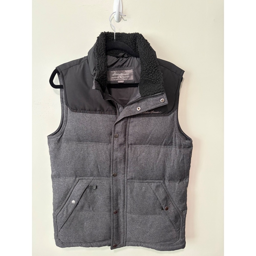 Eddie Bauer Mens Down Puffer Vest Grey Black Sherpa Collar Size Small